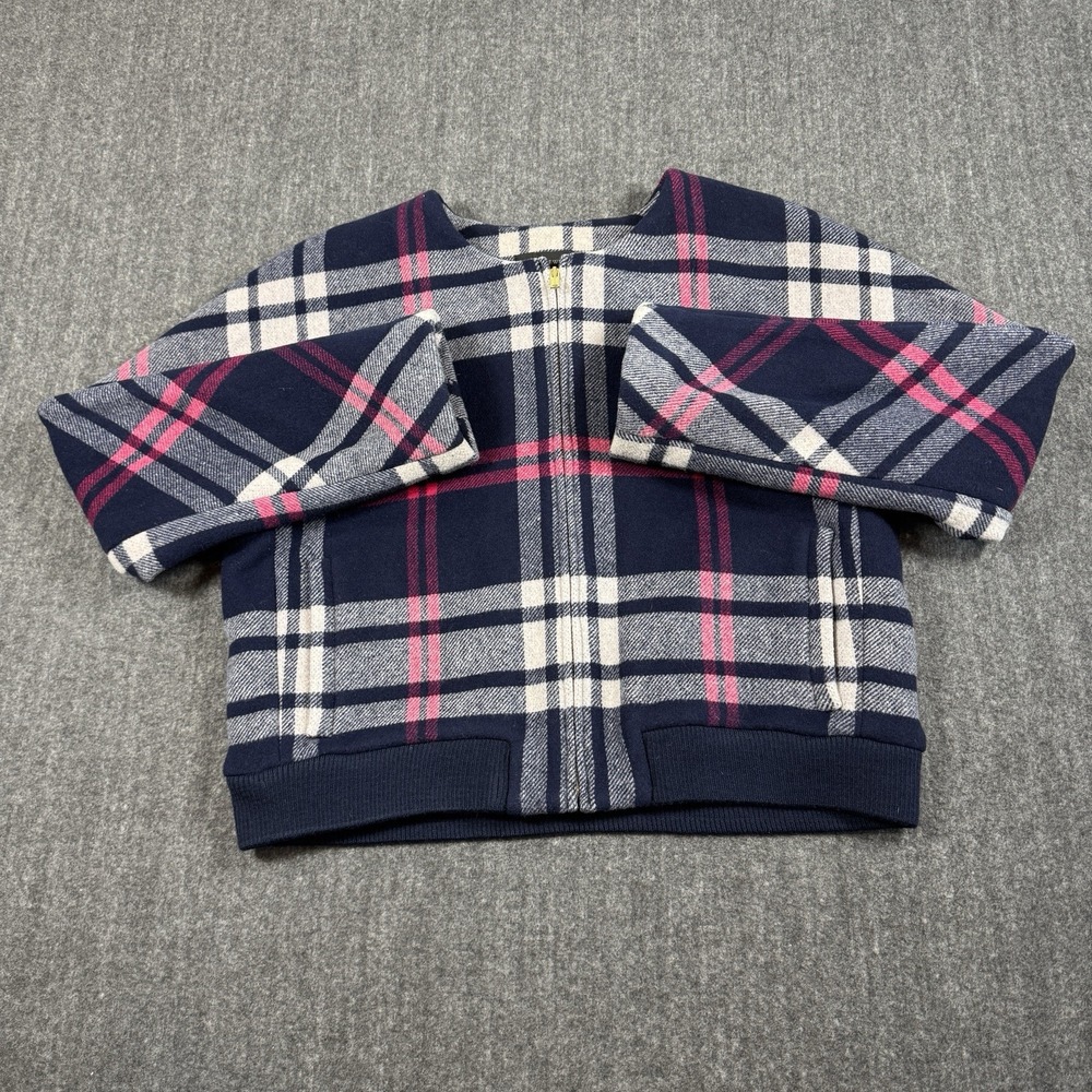 J.Crew Women's Wool Plaid Bomber Jacket Large Navy Red Full Zip 80% Wool